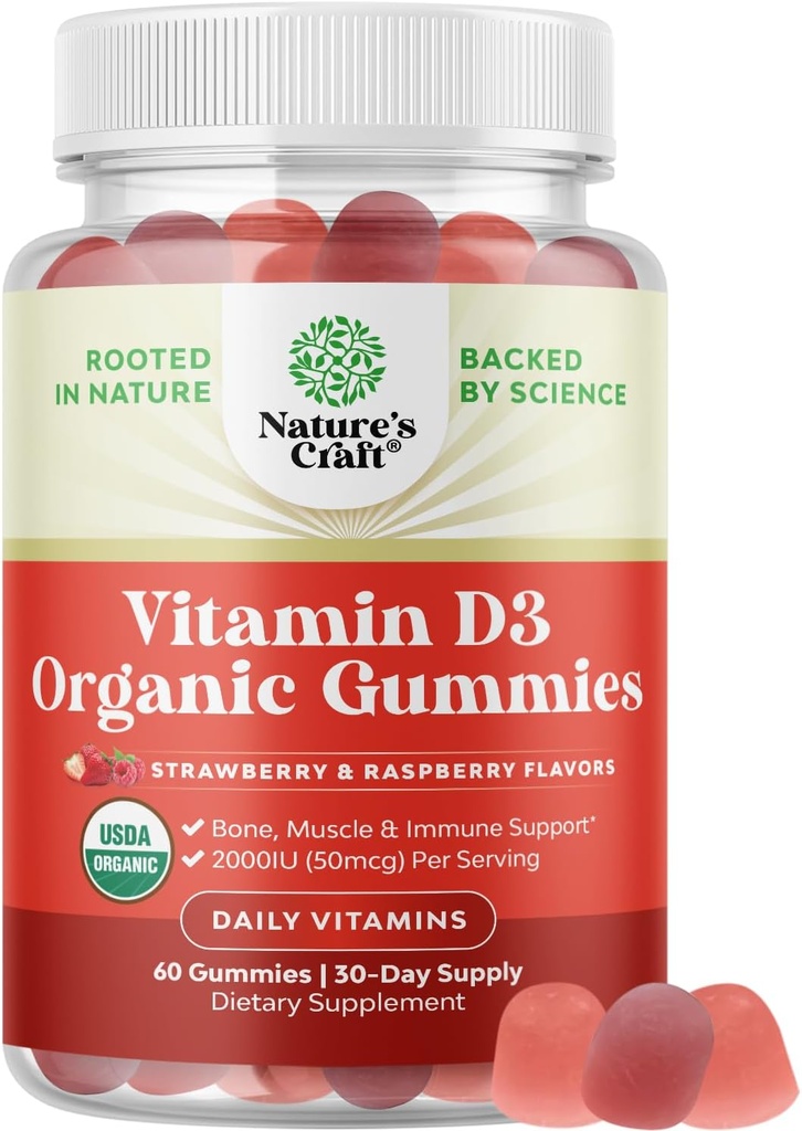 Bio Vitamin D3 Gummi für Damen und Herren - Vitamin D Gummis 2000IU pro Servieren für Knochengesundheit, Muskeln und Immununterstützung - Non-GMO-Ergänzung für Erwachsene - Gelatin & Gluten Free - 60 Gums