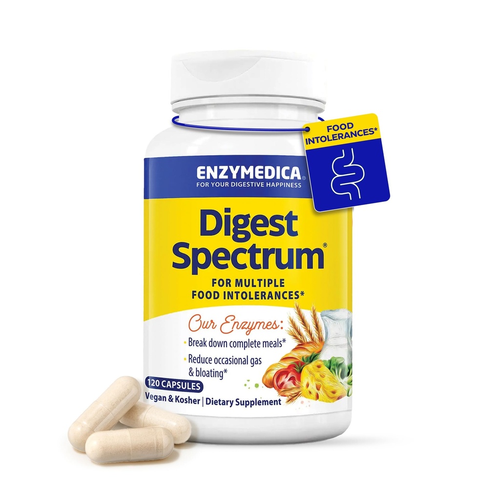 Enzymedica Digest Spectrum, enzymes digestives avancées pour les femmes et les hommes, soutient la digestion et les intolérances alimentaires multiples, formule à action rapide pour le gaz et le dégel, 120 capsules FFP