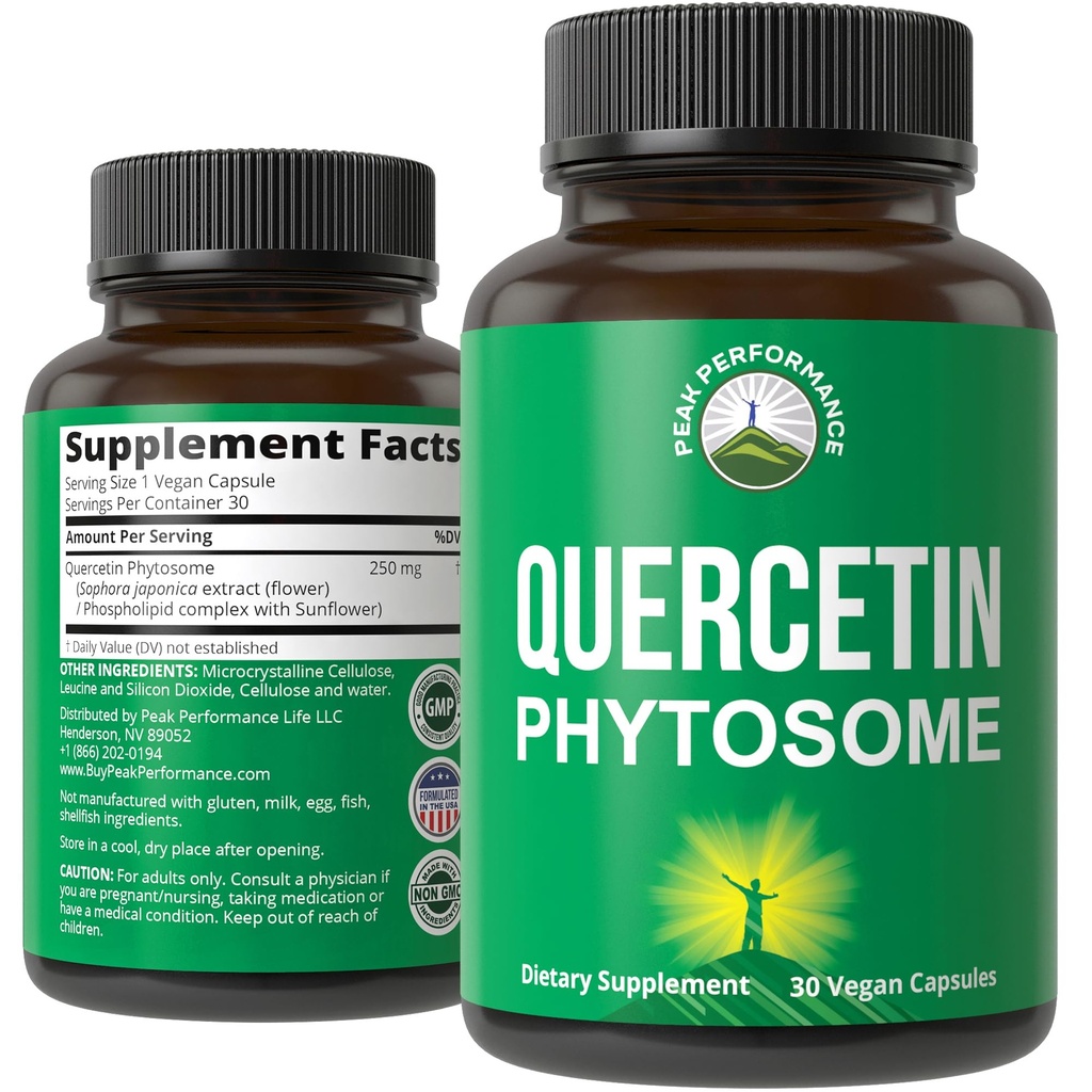 Peak Performance Ultra Pure Quercetin Phytosome Capsules Vegan - Rich Sophora Japonica Extrait pour Max Absorption Maintenant. Quercetin 250mg Capsules de supplément. Fabriqué aux États-Unis