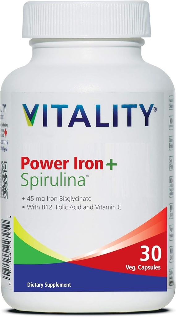 Vitalität Power Iron + Spirulina | 45mg Eisen | Blut Builder | Eisenmangel-Unterstützung | Vegan | Alle natürlichen Ergänzungen | Gentle auf Stomach | 30 Kapseln