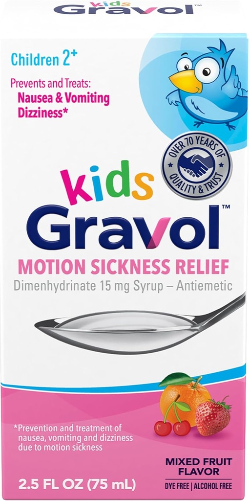 Gravol Kids liquide pour soulager la maladie de mouvement et prévenir la nausée, 2,5 fl oz (75 ml)