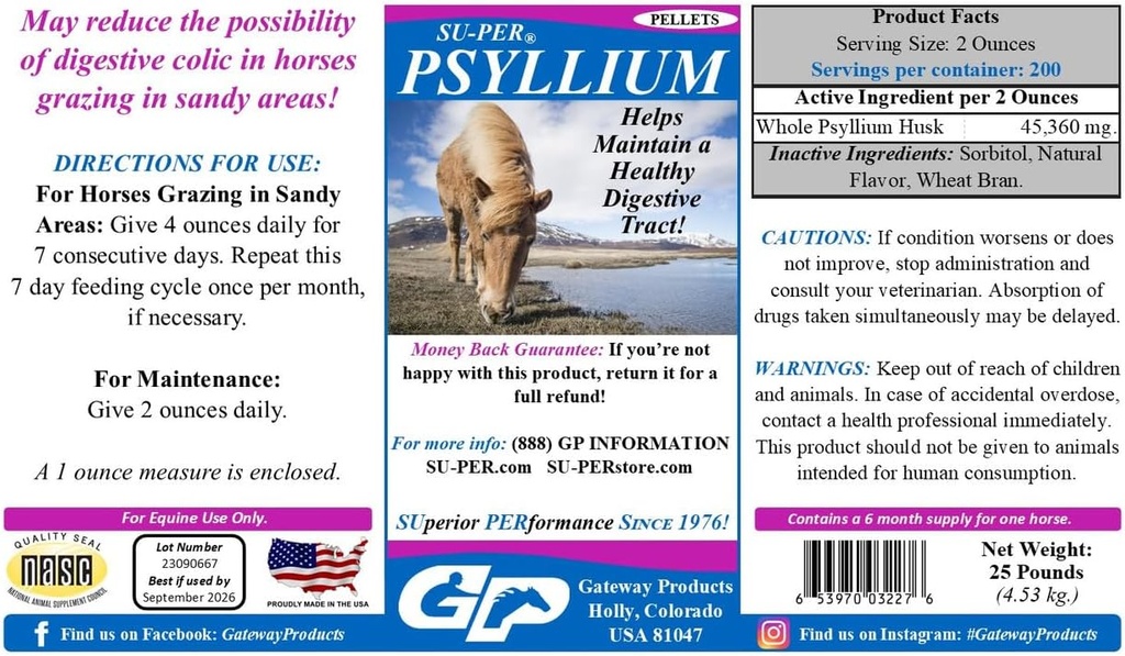 SU-PER Psyllium Pellets Equine Supplement - Bewahrt gesunde Verdauung Trakt in Pferden - Unterstützt Entfernung von Sand & Schmutz aus Darm Trakt - 25 Pfund, 6 Monate Versorgung