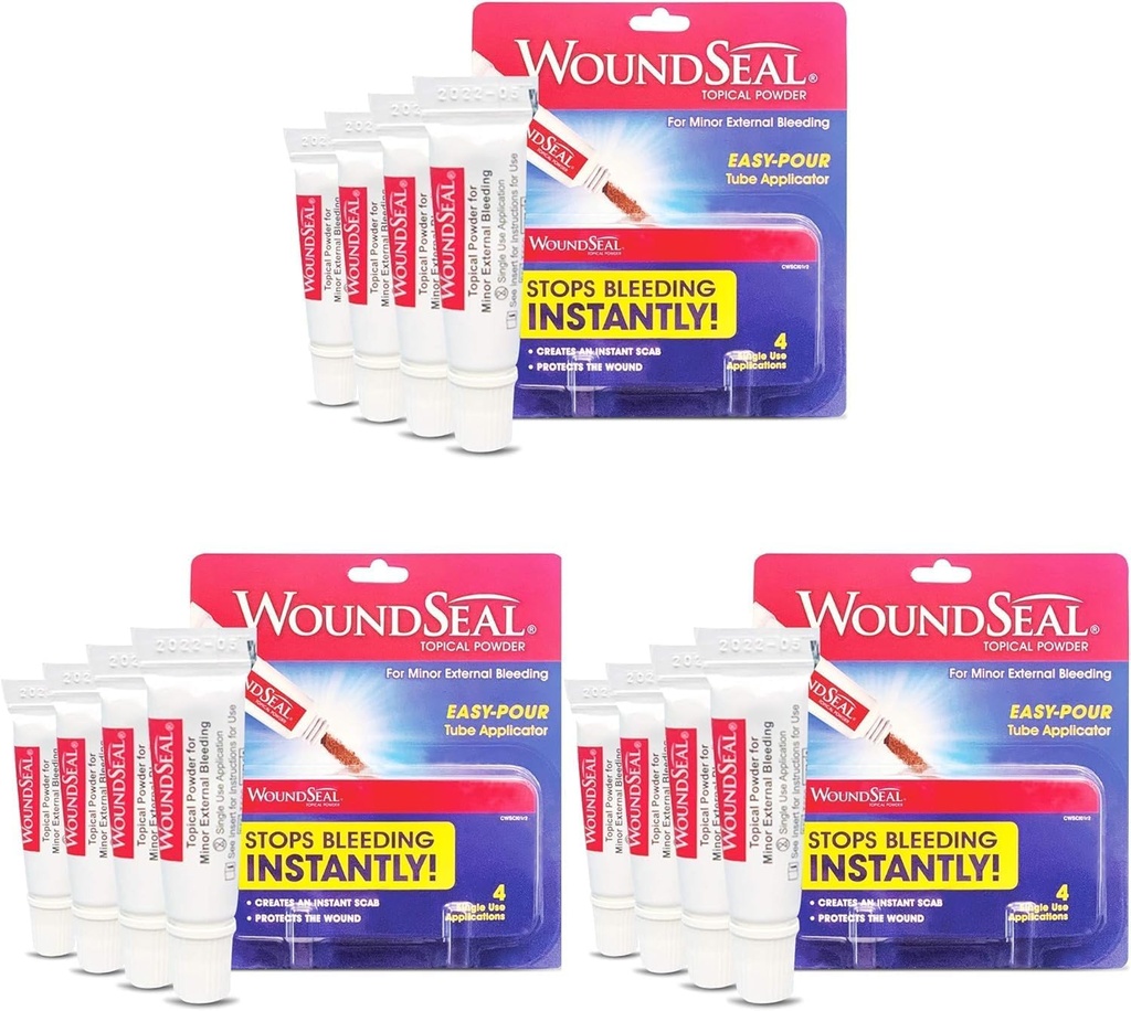 WoundSeal Powder 4 Jeder (Pack von 3) - Wound Care Erste Hilfe für Schnitte, Schrapes und Abrasionen - Stoppt Blutung in Sekunden ohne Stitches oder Bandagen - Sicher und effektiv für Menschen aller Altersgruppen und Haustiere