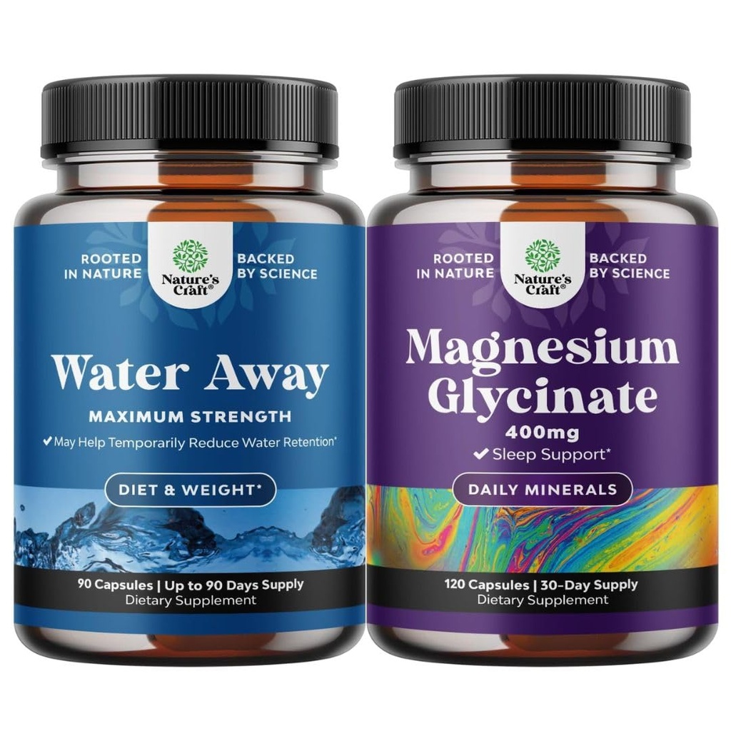 Bundle of Water Away Pills Maximale Stärke - Kräuter-diuretische Pillen für Wasserretention für Fast Acting Bloating Relief und reines Magnesium Glycinate 400mg pro Servierung für Mood Schlaf und Entspannung