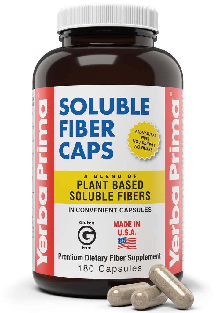 Yerba Prima Soluble Fiber Formula Capsules, 180 Count - Premium-Diätary Fiber Supplement, Natural, Concentrated Soluble Fiber, Gluten Free, Non-GMO, Made in USA