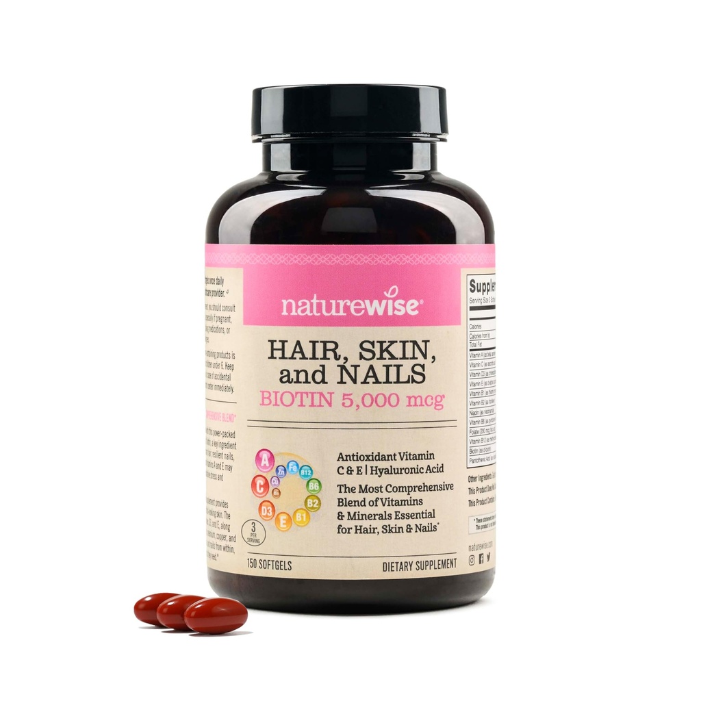 NatureWise Hair Skin and Nails Vitamin, Biotin 5000mcg w/Hyaluronsäure, Kollagen für Frauen mit C, B Complex, D3, A, E, Eisen - Non-GMO, Gluten Free - 150 Softgels[50-Day Supply]