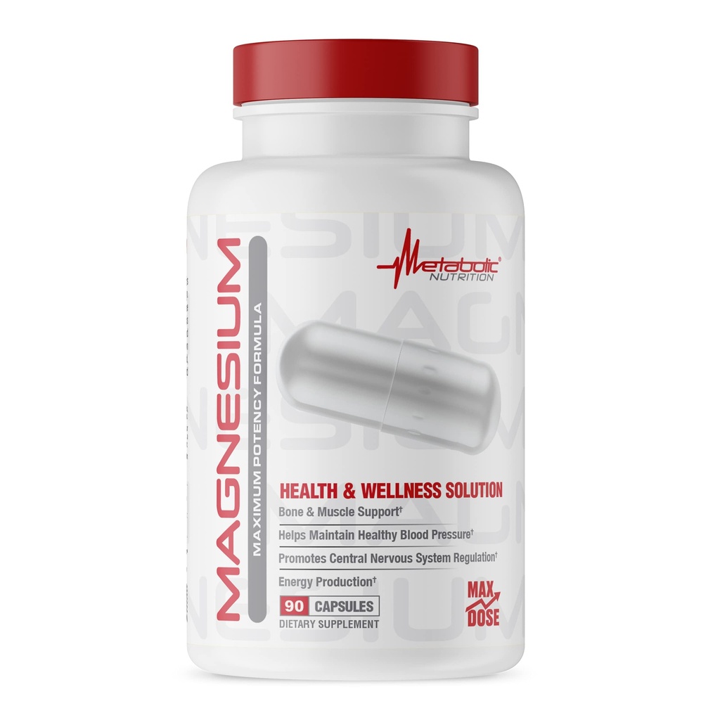 Magnésium de nutrition métabolique, 650mg par portion, non OGM, végétalien, sans gluten, 90 capsules