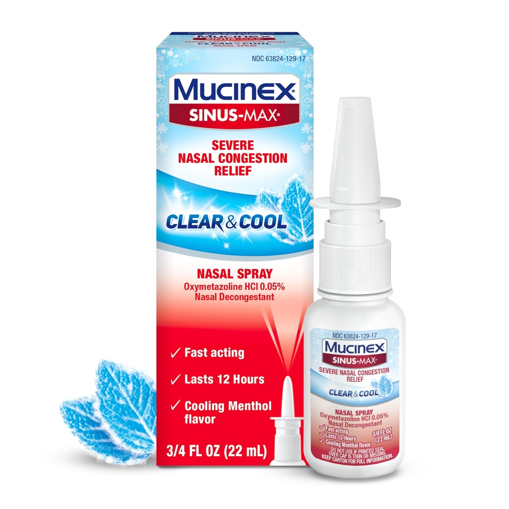 Vaporisateur nasal Sinus-Max de Mucinex, 12 heures de sur-le-Counter Médicament Nez Spray pour le soulagement du sinus, Décongestion nasale pour adultes et congestion du sinus, refroidissement du menthol, 0,75 Fl Oz