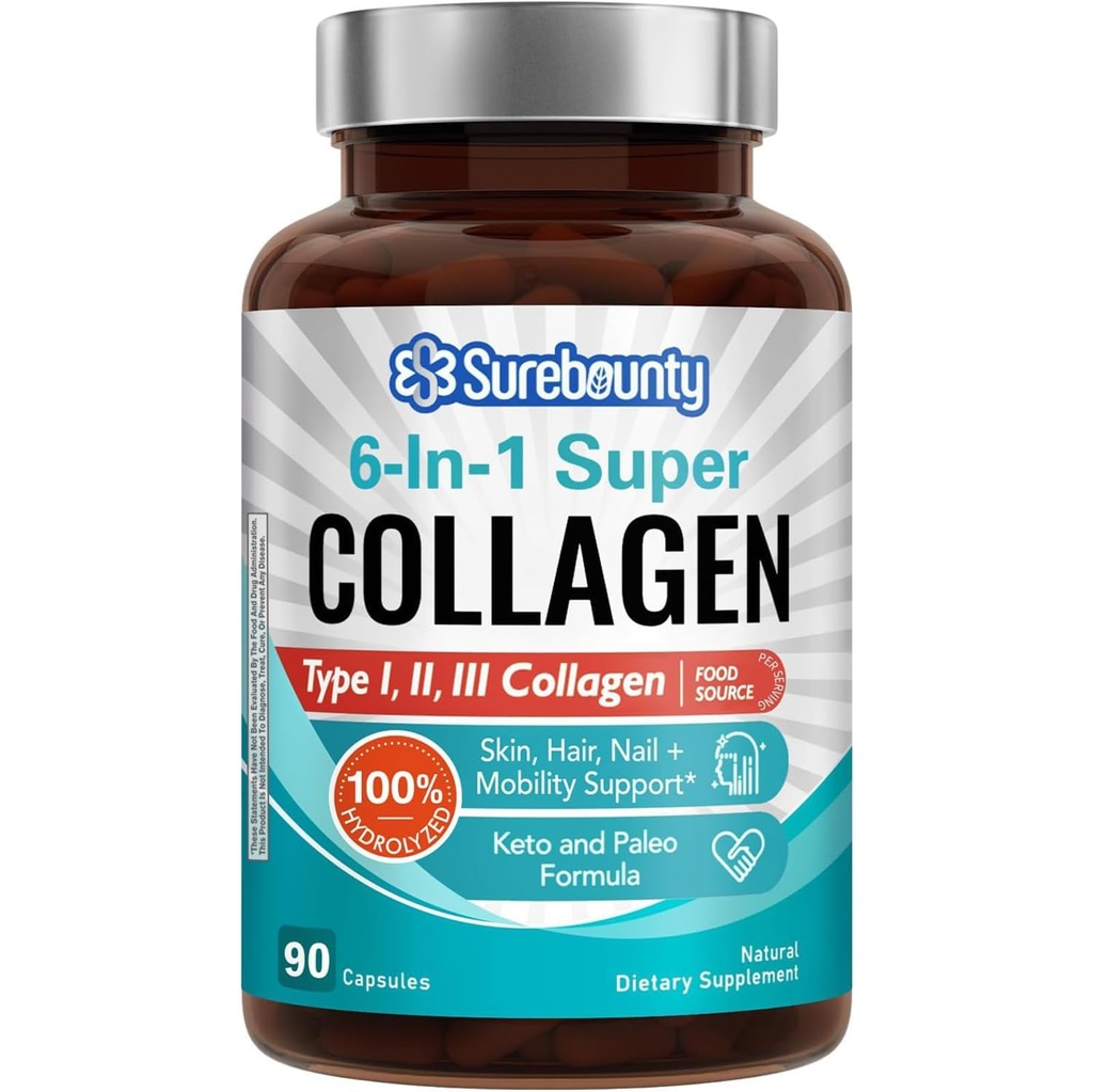 Multi Collagen Complex, Typ I, II, III, 6-in-1 Super Collagen mit Vitamin C, Hyaluronsäure, Biotin, Turmeric, Black Pepper, Keto, 90 Kapseln