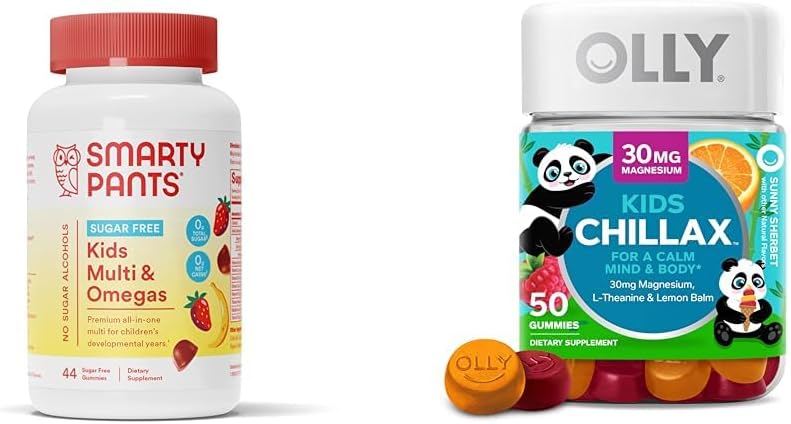 SmartyPants Gummies multivitamine pour enfants, sans sucre: Omega 3 (ALA) & OLLY Kids Chillax, Magnésium Gummies Plus L-Theanine, Baume de citron, Chews calmes pour enfants 4+, Sherbet Flavor - 50 Compte (paquet de 1)