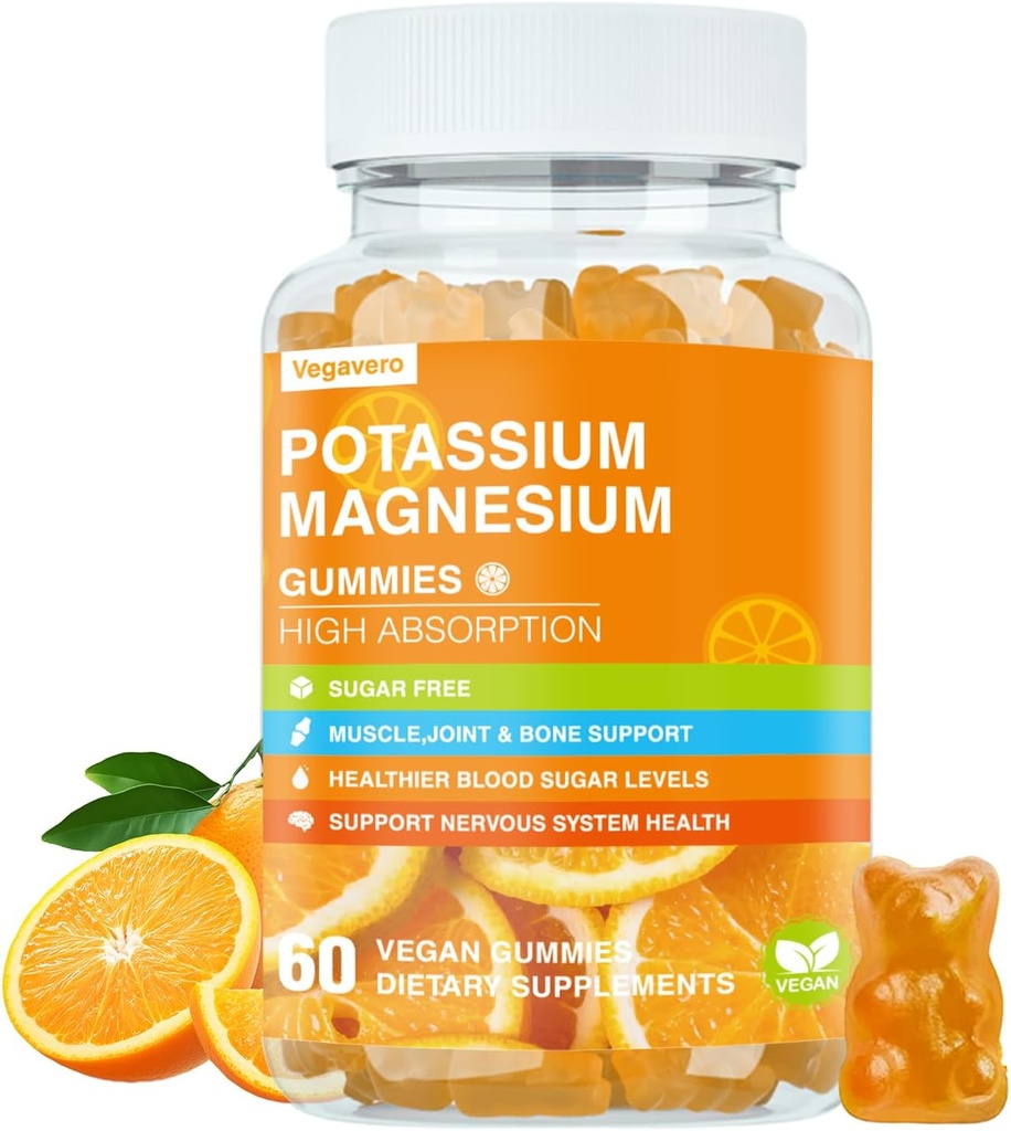 Gommies de magnésium de potassium - Haute absorption Glycinate de magnésium et Citrate de potassium Plus Coenzyme Q10, DHA, D3, Minéraux et calcium pour Zzz, Crampes de jambes et Muscle - 60 Gommies d'orange