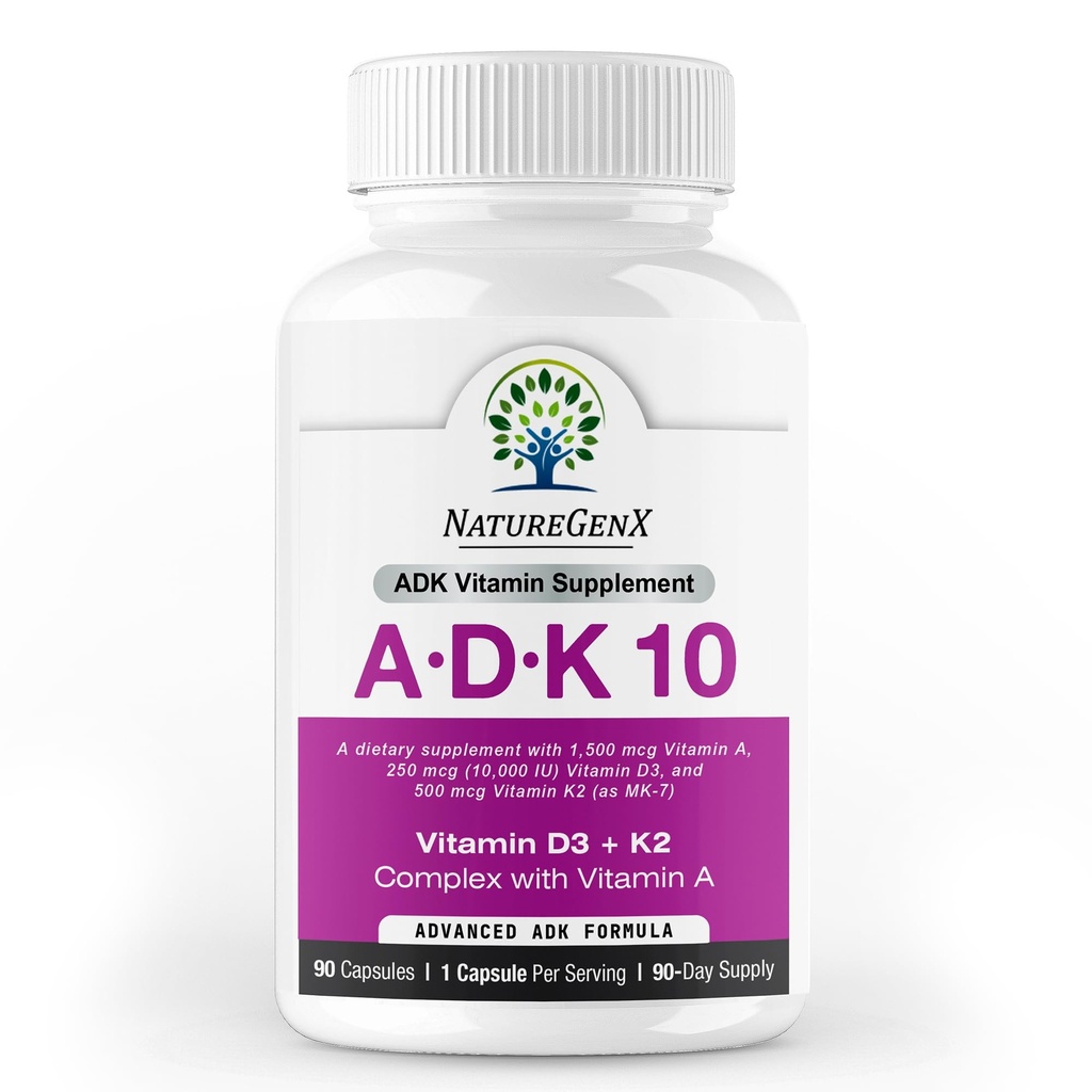ADK10 – ADK Vitamin Supplement | Hohe Potenz Vitamine A, D3 (10.000 IU) & K2 MK-7 für Knochen, Herz und Immune Gesundheit | 90 Tiny Kapseln | 3 Monat Versorgung | Non-GMO, Glutenfrei