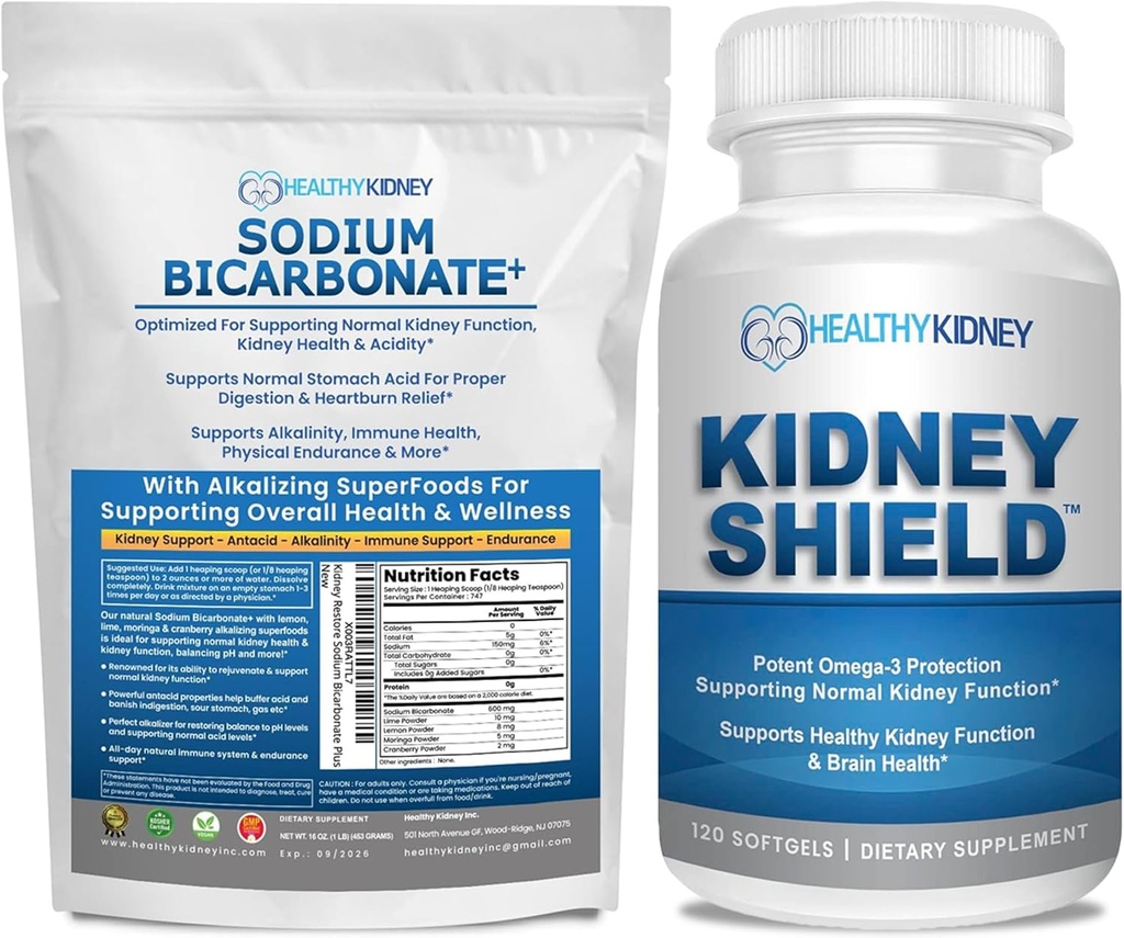 Supplément biologique au bicarbonate de sodium alcalin 1,5LBS + bouclier rein 120 Caps Supplément rein pour soutenir la fonction normale du rein