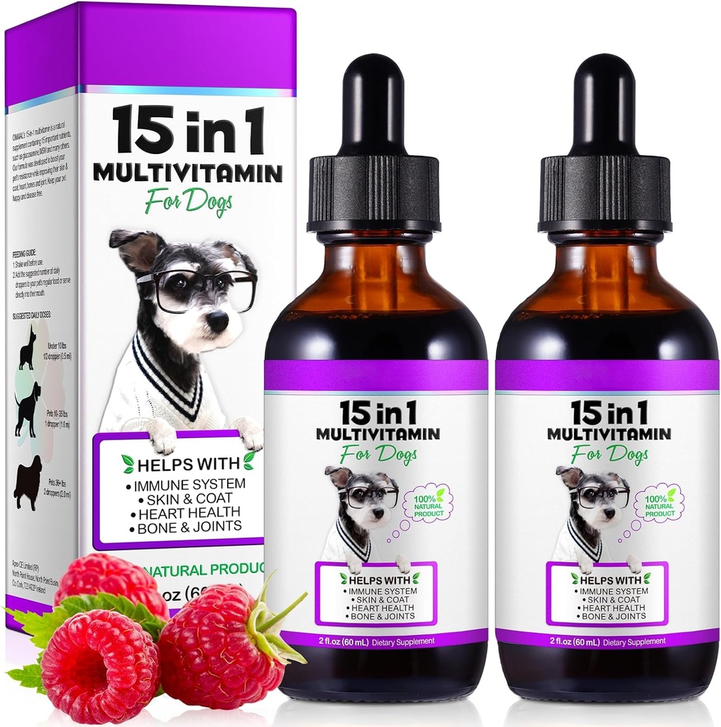 Dog Multivitamin,15 in 1 Hund Multivitamin Flüssigkeitstropfen Nahrungsergänzungsmittel, Hunde Vitamine für Herzgesundheit, Knochen, Gelenk, Haut und Mantel, Blase, Immunsystem Unterstützung 60ml-2pcs