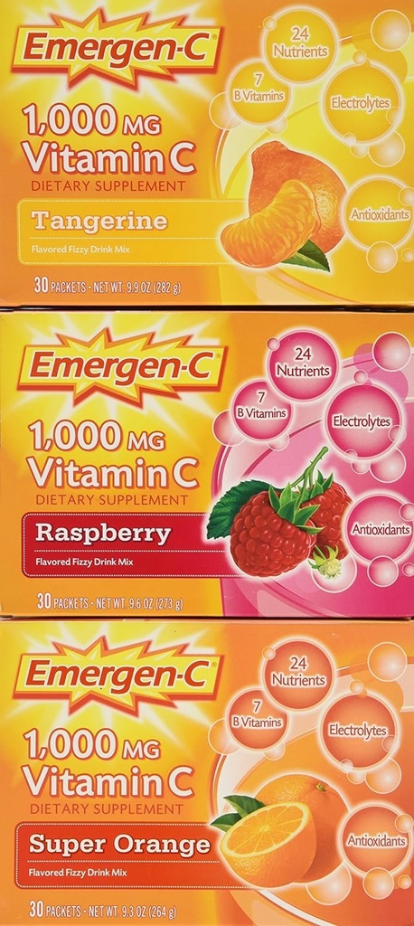 Emergen-C 1000 mg Vitamin C Nahrungsergänzungsmittel-Mischung, Super Orange/Raspberry/Tropical, 90 Packungen, Net Wt. 28.5 oz.