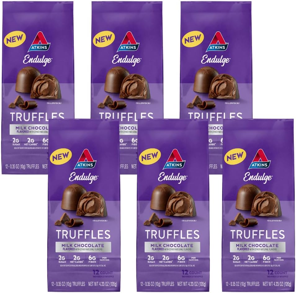 Atkins Endulge truffes de chocolat au lait, faible teneur en sucre, faible teneur en glucides, Keto Friendly, 6 packs (12 truffes par pack)