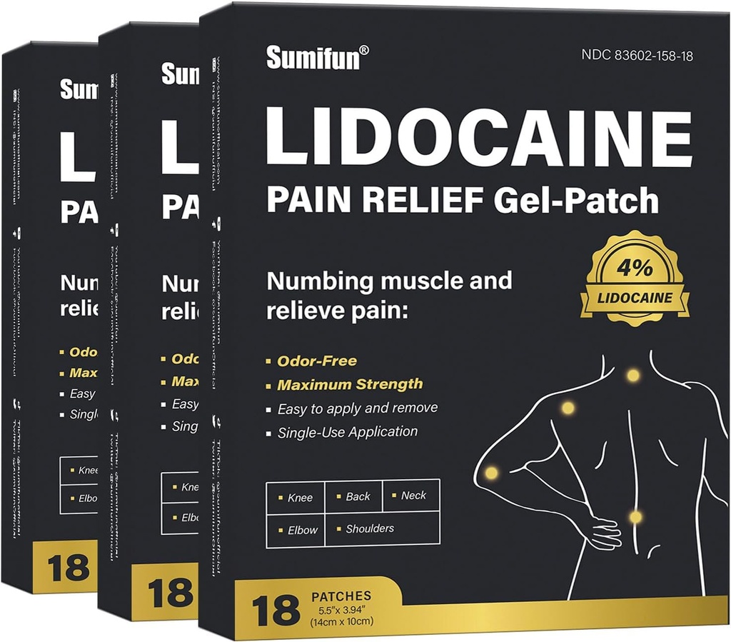 Sumifun 4% Lidocaïne Douleur Relief Patches - 54 Compte Patches pour le dos, l'épaule, le muscle, les articulations, le genou Douleur Relief - Lower Back Pain Relief Products - Pain Patches Force maximale Lidocaïne