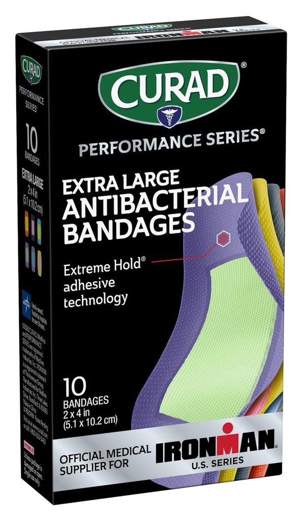 CURAD Performance Serie IRONMAN Antibakterielle Bandagen, Extreme Hold Adhesive Technology, Extra große flexible Stoff Bandagen für Schnitte, Scrapes, & Burns, Verschiedene Farben, 2 x 4 Zoll, 10 Zähler
