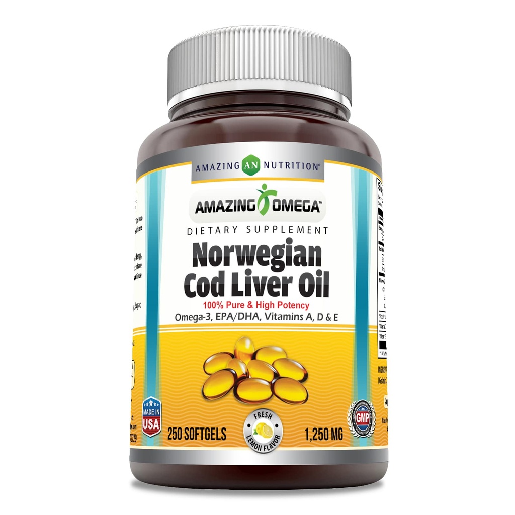 Erstaunlich Omega Norwegian Cod Liver Oil 1250 Mg Softgels Ergänzung | Omega-3, EPA, DHA, Vitamin A, Vitamin D & Vitamin E (Orange | 250 Count)