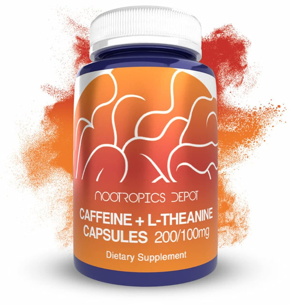 Nootropics Depot Koffein und L-Theanin Kapseln | 60 Count | Enthält 200mg Koffein und 100mg von L-Theanine | Natürliche Ergänzung | Energie Booster | Mental Fokus + Alertness | Kaffee Alternative