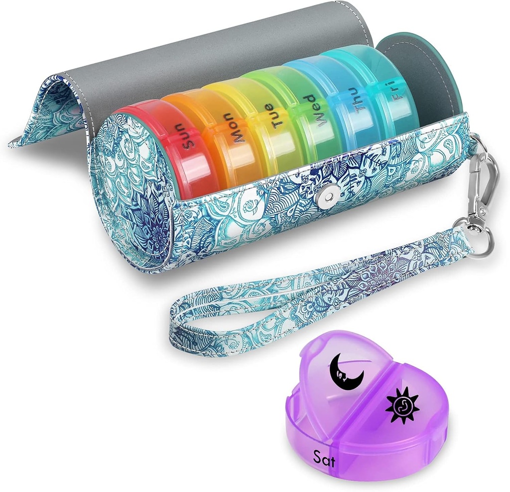 FINPAC Pill Organizer 2 Mal A Day, Große Woche AM Pille Box mit Carrying PU Leder Case für 7 Tage medizinische Versorgung, runde Medizin Vitamin Spender Container und Halter (Emerald Illusions)