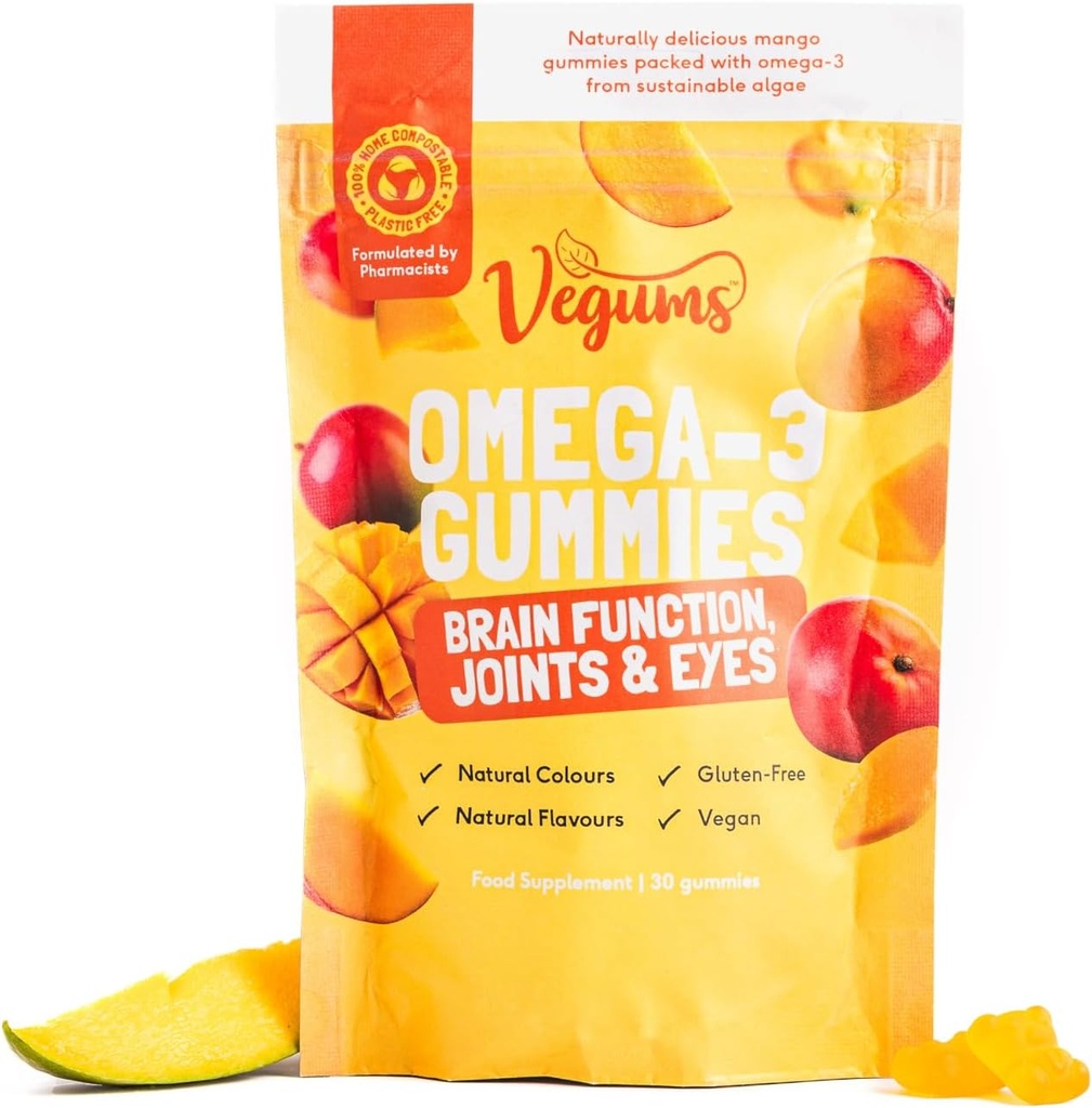 Vegums Fish-Free Omega-3 Gummis - 60 Orange-Flavored Algae-Based Omega-3 (DHA) & Vitamin E Ergänzung für Kinder & Erwachsene - Vegan & Vegetarisch