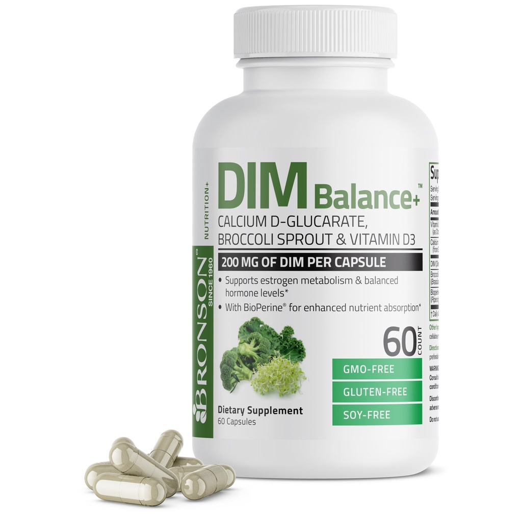Bronson DIM Balance+ Calcium D-Glucarate, les germes de brocoli et la vitamine D3 200 MG de DIM par capsule soutient le métabolisme et les taux équilibrés d'hormones non OGM, 60 capsules végétariennes