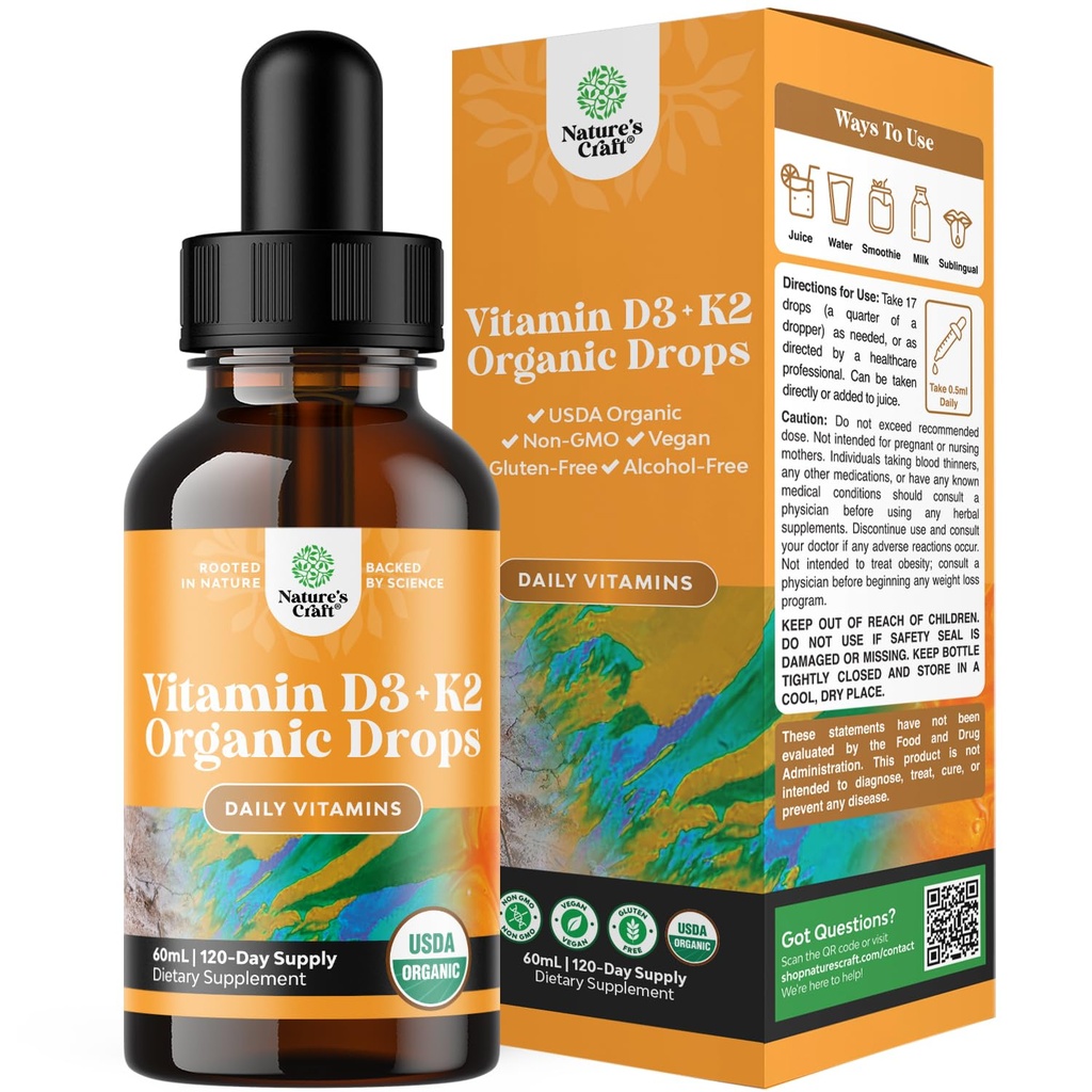 Natures Craft Liquid Vitamin D3 mit K2 für Erwachsene - Bio Tropfen 2000IU pro Servieren Vegan Knochen Muskel Herz & Immun Unterstützung MCT Öl Enhanced Absorption - 2Fl Oz (Pack von 1)
