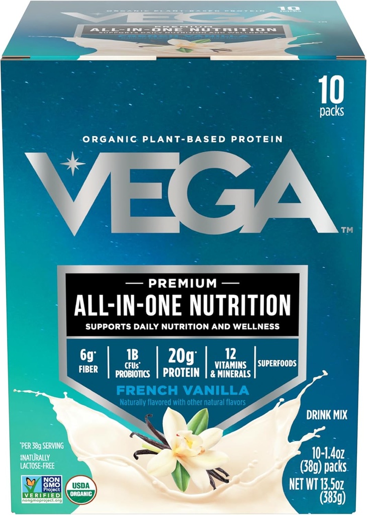 Vega Bio en poudre de protéines végétales, Vanille française -Ingrédients super-alimentaires, Vitamines pour le soutien immunitaire, Keto Friendly, Pea Protein for Women & Men, 13,5 oz (Packaging May Vary)
