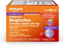 Soins de base Ibuprofène pour enfants Comprimés chirurgicaux 100 mg, arômes de raisin, analgésique et réducteur de fièvre (NSAID), Pour la gorge douloureuse, les dents, le soulagement des maux de tête et plus, 24 Compte