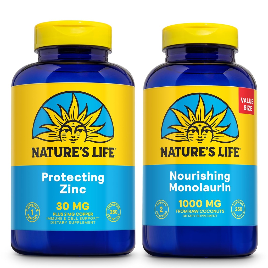 Nature's Life Nourishing Monolaurin 1000mg 250ct und Zinc Picolinate 30mg 250ct - Gut Health and Immune Support Supplements - Monolaurin aus Roh Coconuts, Chelat Zinc - 60-Day Garantie