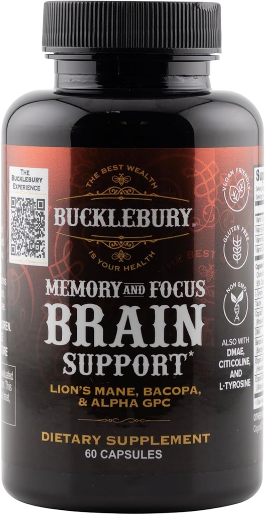 BUCKLEBURY Gehirn- und Memory-Ergänzungen mit Bacopa & Alpha GPC - Nootropic Brain Kapseln für kognitive Unterstützung, Fokus & Mental Clarity - Memory und Fokus Pillen für Frauen & Männer - Vegan 60 Kapseln