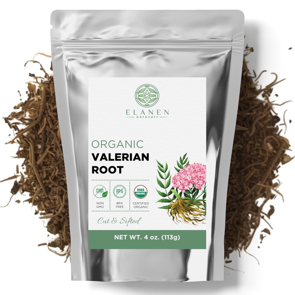 Elanen Naturals Organic Valerian Root 4 Unze (113g), USDA Certified Organic Valerian Root Herb Tea, Te De Valeriana Para Dormir, Valarian Officinalis Whole Loose Leaf, Cut & Sifted