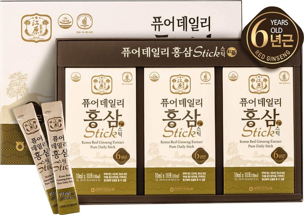Gangwoninsam] Korean Red Ginseng Extract Pure Daily Stick 30 Count – Enthält 6 Jahre Korean Red Ginseng Extract, Korean Food, Individuell verpackt, 0.35 fl. oz (10ml), 3 X 10-Count Box