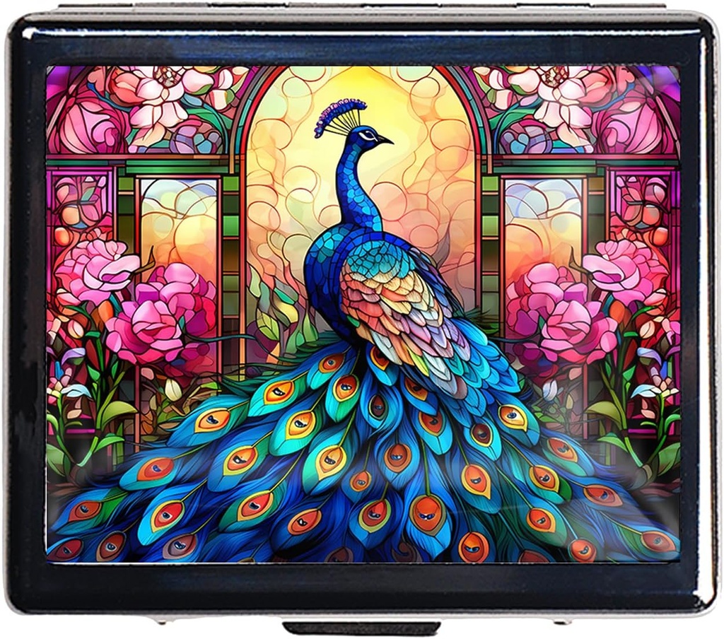 Silver Vintage Pill Box 7 Day Metal Pill Box with Mirror and 8 Compartments Cute Travel Pill Organizer for Purse (Peacock)