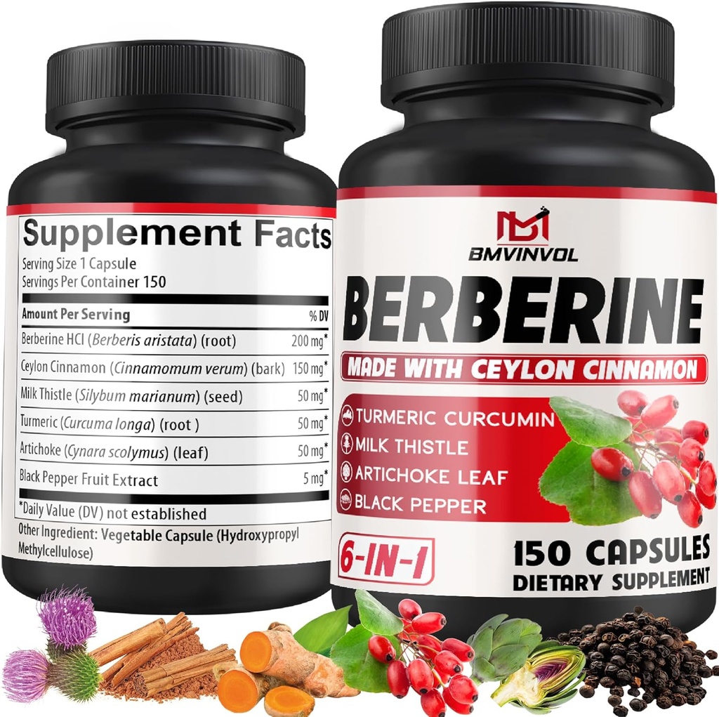 Berberine HCl, 150 Kapseln - Plus Ceylon Cinnamon, Turmeric, Milk Thistle, Artichoke, Black Pepper, Berberine HCI Root Supplements Pillen - Immunsystem