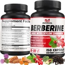 Berberine HCl, 150 Capsules - Plus Ceylan Cinnamon, Turmeric, Thistle de lait, Artichaut, Poivre noir, Berberine HCI Suppléments Racines Pills - Système immunitaire