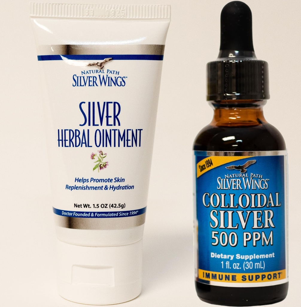 Suppléments d'ailes d'argent de sentier naturel - Argent colloïdal 500 ppm (1 oz / 30 ml) Immune Support Plus Onguent à base de plantes 250 ppm (1,5 oz)