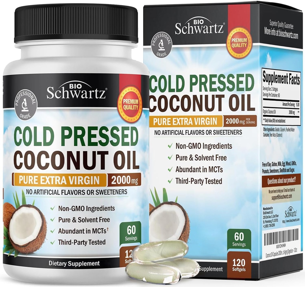 Coconut Oil Capsules 2000mg - Bio reine Extra Virgin Unrefined Cold Pressed MCT Rich & Non-GMO für gesunde Hautnägel Haarwachstumsunterstützung Bloating Anti Aging Digestion - 120ct (2 Month Supply)