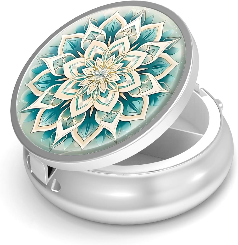 Pille Box-3 Compartment Small Pill Case für Geldbeutel &amp; Tasche Mini Metall Pillenhalter Reisen Pillen Container Nahrungsergänzungsmittel Vitamine BPA-frei (Green Mandala)
