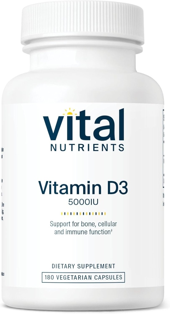 Vital Nährstoffe Vitamin D 5000 IU | Vitamin D3 Supplement | Gesunde Knochen, Zähne, Muskeln*| Zelluläre und Immunfunktion | Calciumabsorption | Gluten, Milch und Soja Kostenlose | 180 Kapseln