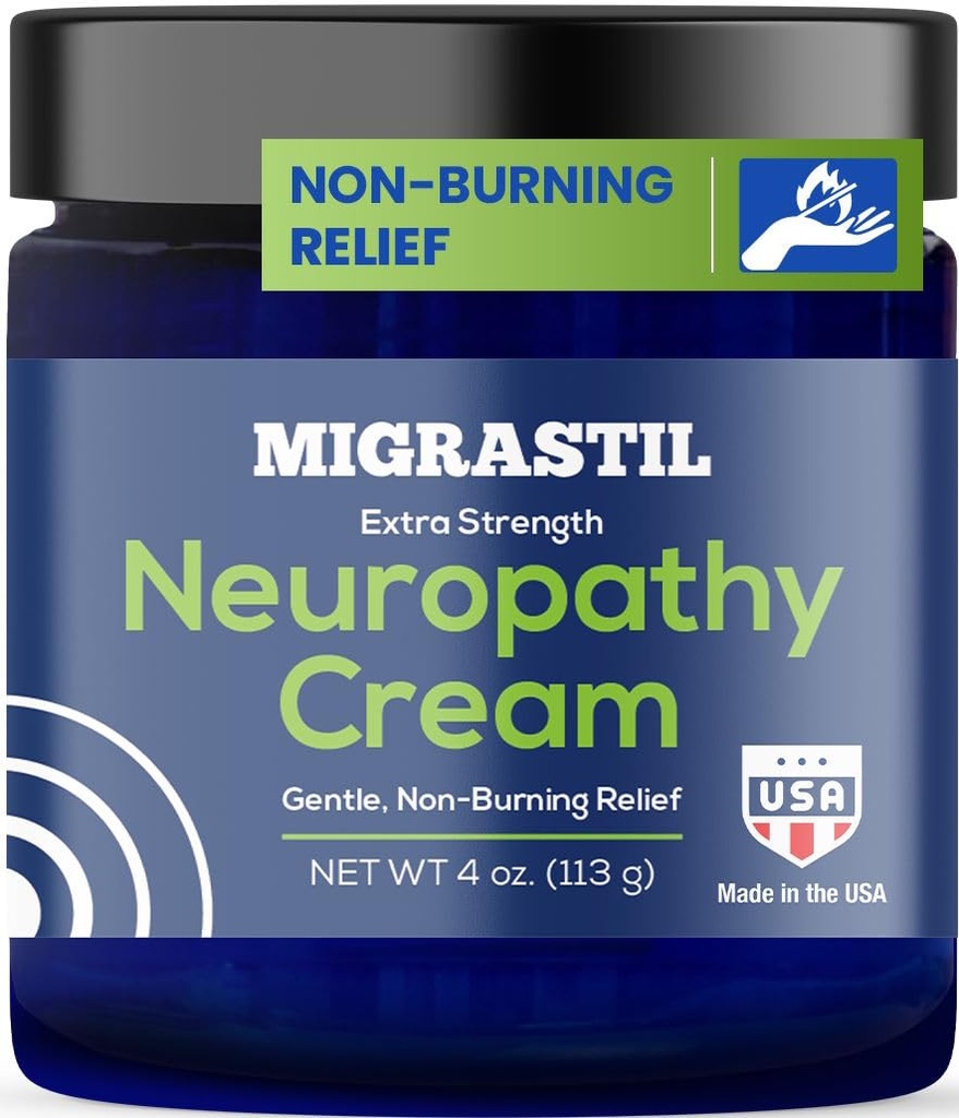 Basic Vigor Migrastil Neuropathie Relief Creme Extra Kraft für Füße, Beine und Hände. Hergestellt in den USA. Vegan- und rohstofffrei, fettfrei, nicht fettig, nicht brennend mit kühlender Wirkung (4 oz.)