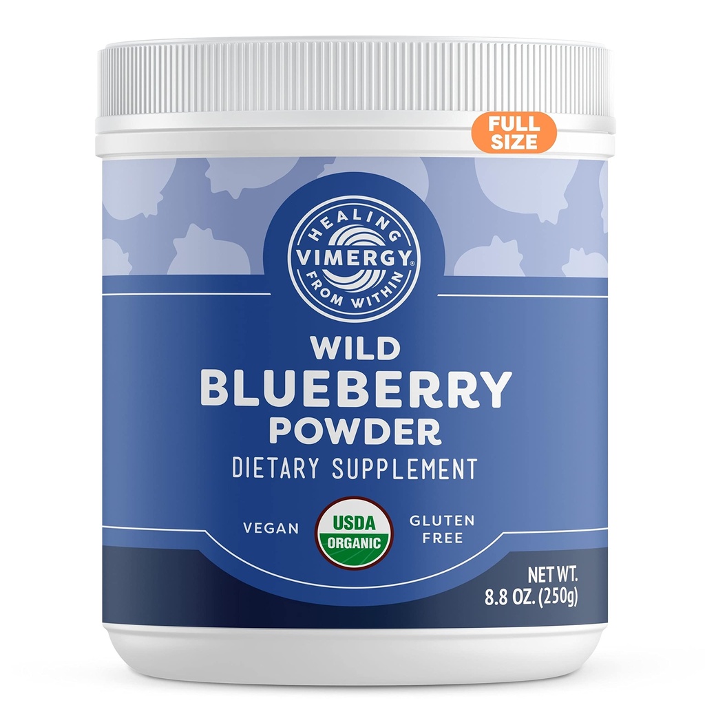 Vimergy Wild Blueberry Powder – schützt die Gehirngesundheit* - unterstützt die Herz-Kreislauf-Funktion* – Bio, Vegan & Glutenfrei – Regular Size 250g