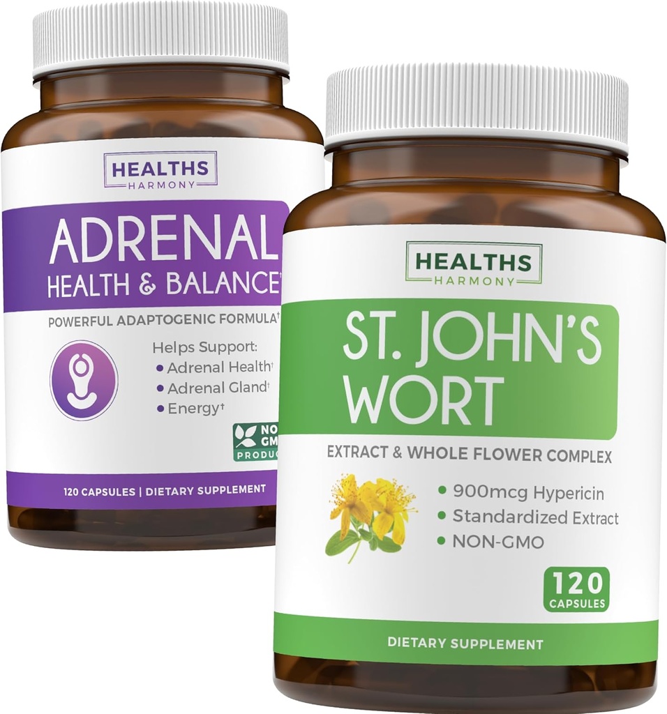 Adrenal & St. John's Wort (4-Monats-Versorgung) Mood Harmony Pack - Adrenal Support mit L-Tyrosine (120 Kapseln) & St. John's Wort mit Powerfil 900mcg Hypericin 500mg pro Kapsel (120 Kapseln)