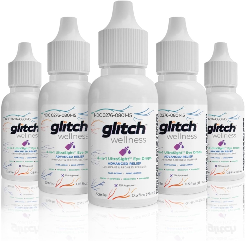 Glitch UltraSight Eye Drops für trockene Augen 15mL - 4 in 1 Advanced Relief Dry Eye Drops - All Day Comfort mit Hydration, Aufhellung, Kühlung - Effektiv beruhigt Irritation & Dryness (5)