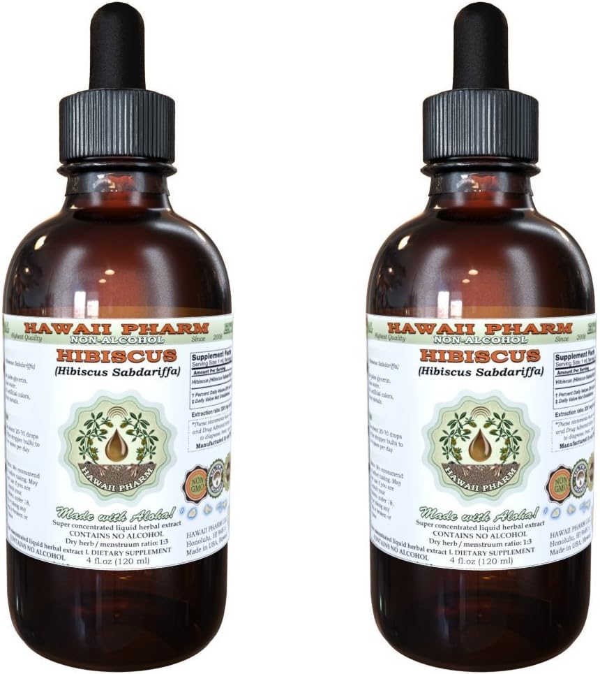 Hibiscus Extrait liquide sans alcool, Hibiscus biologique (Hibiscus Sabdariffa) Fleur séchée Glycérite Hawaii Pharm supplément naturel à base de plantes 2x2 oz