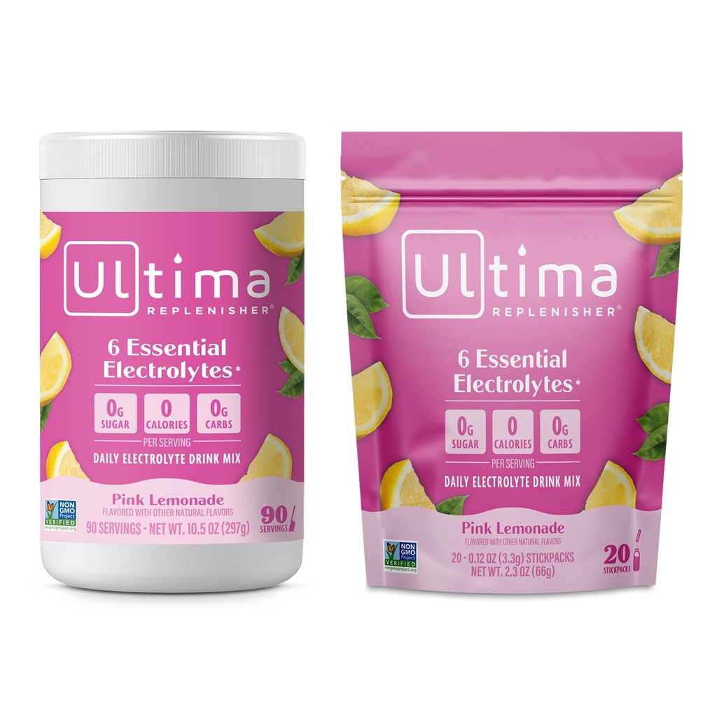 Ultima Replenisher Electrolyte Powder Drink Mix Bundle – Sugar Free – Pink Lemonade, 90 Servierkanister und 20 Stickpacks – 6 Elektrolyte und Mineralstoffe – Keto Friendly, Vegan, Non-GMO