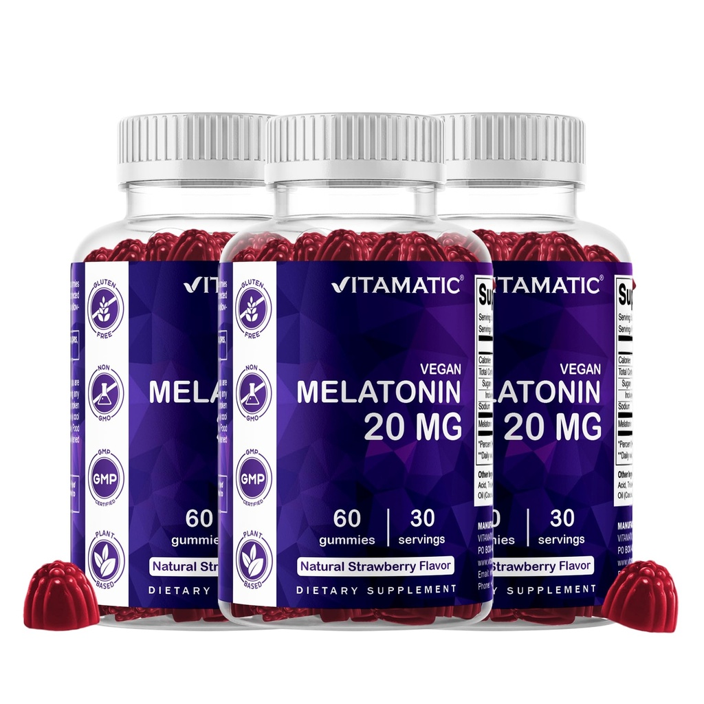 Vitamatic Melatonin 20 mg Gummi für Erwachsene, 30 Servierungen - 60 Vegetarische Gummi - Non-Habit Forming Supplement