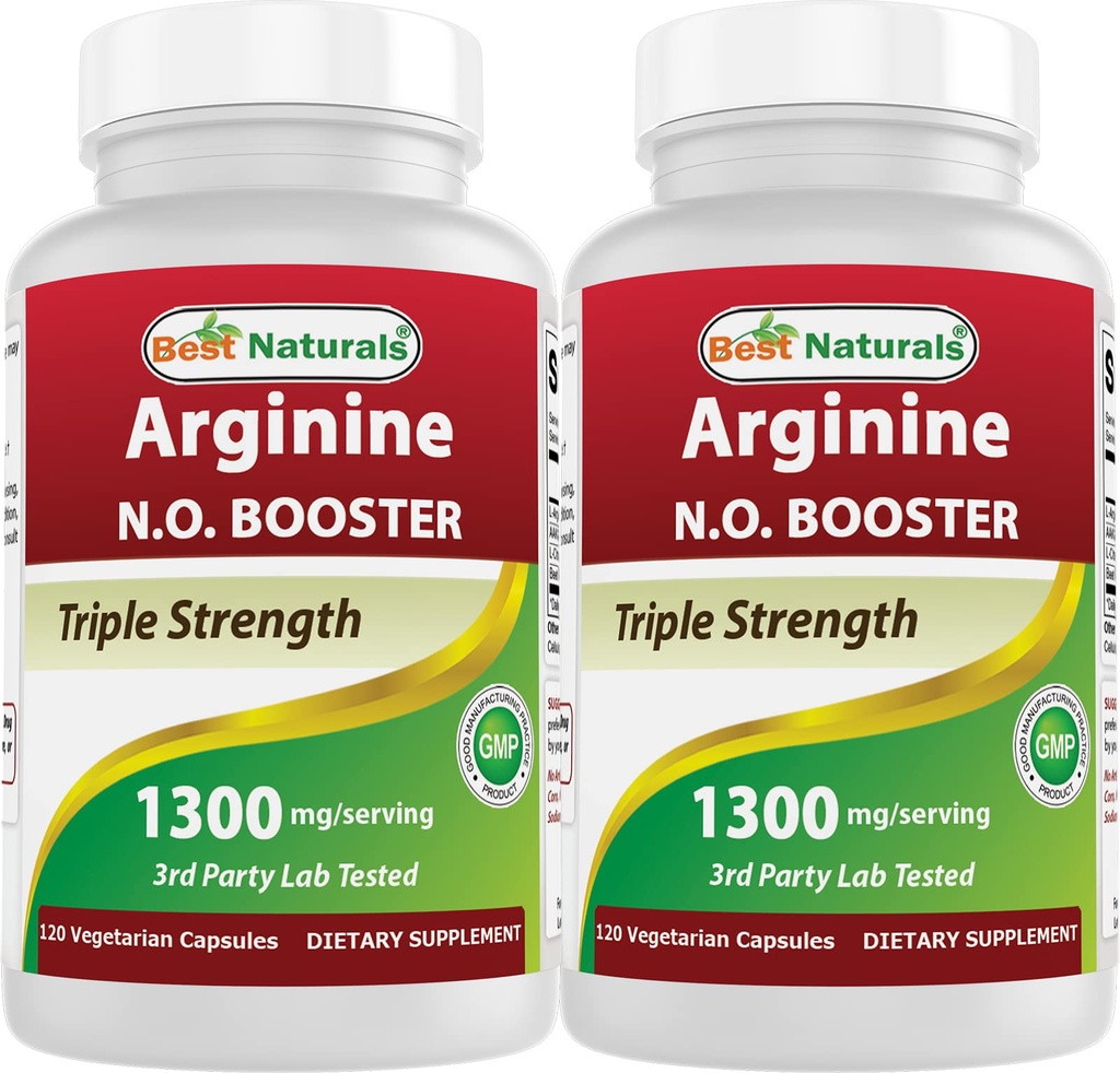 Best Naturals L-Arginin NO Booster Triple Stärke 1300 mg Servieren 120 Veg Kapseln (120 Count (Pack von 2))