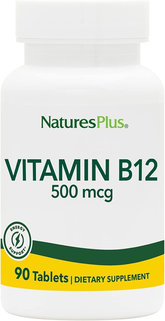 Natures Plus Vitamin B12 (Methylcobalamin) - 500 mcg, 90 vegetarische Tablets -Höhere Potenz Rote Blutzellenunterstützung - Natürliche Energie-Booster, fördert Gesamtgesundheit - Glutenfrei - 90 Portionen